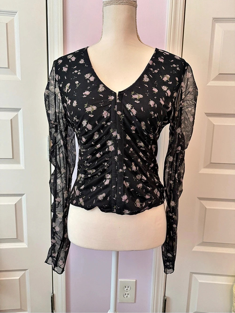 Pink Lily Floral Long Sleeve Mesh Blouse in Black & Pink  New